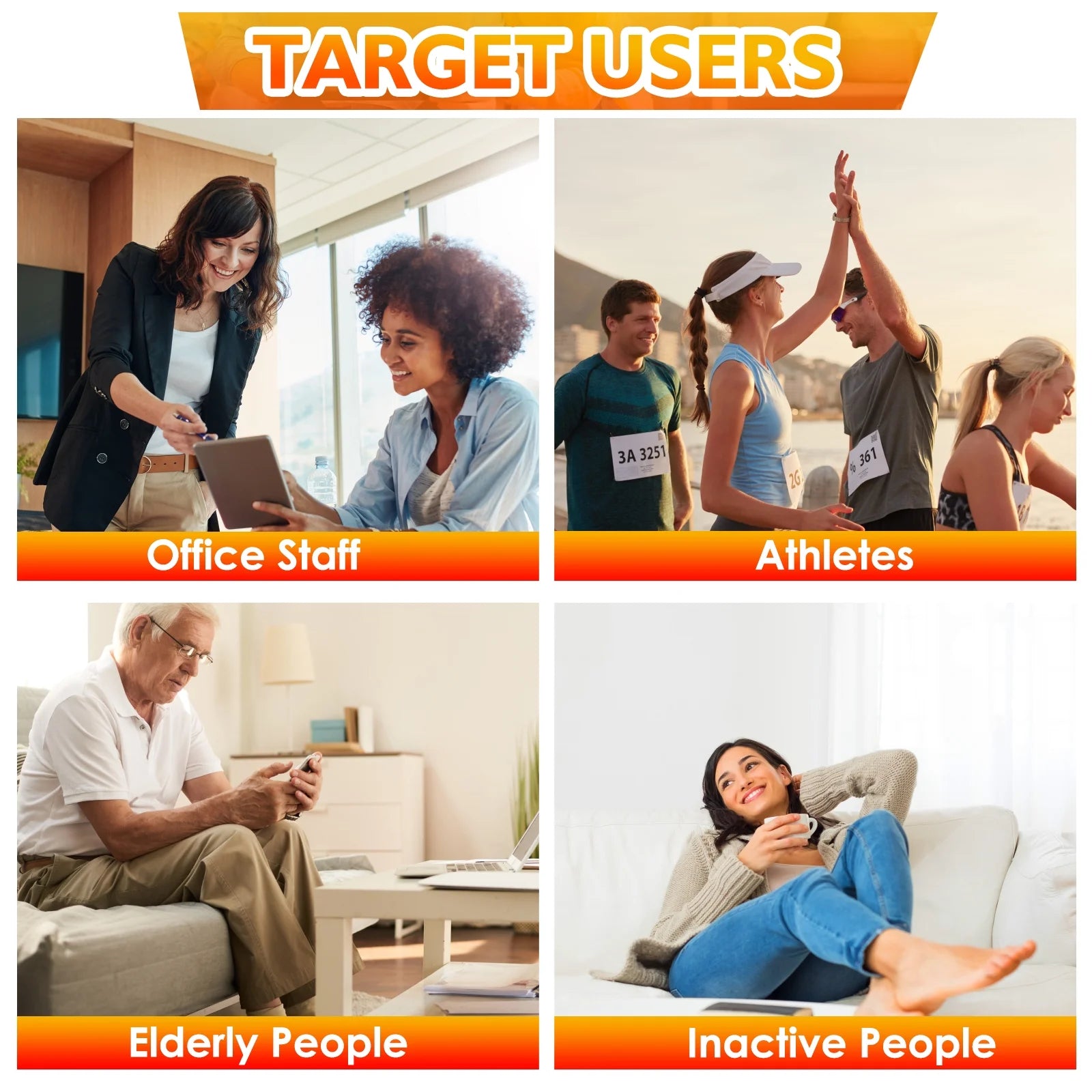 Target users for a product or service, including office staff, athletes, elderly people, and inactive people.

