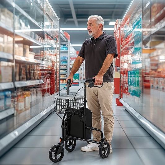 Man pushing a shopping cart with a walker in a grocery store aisle