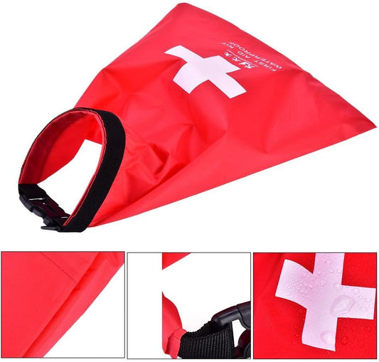 Red first aid kit dry bag with a white cross on a white background

