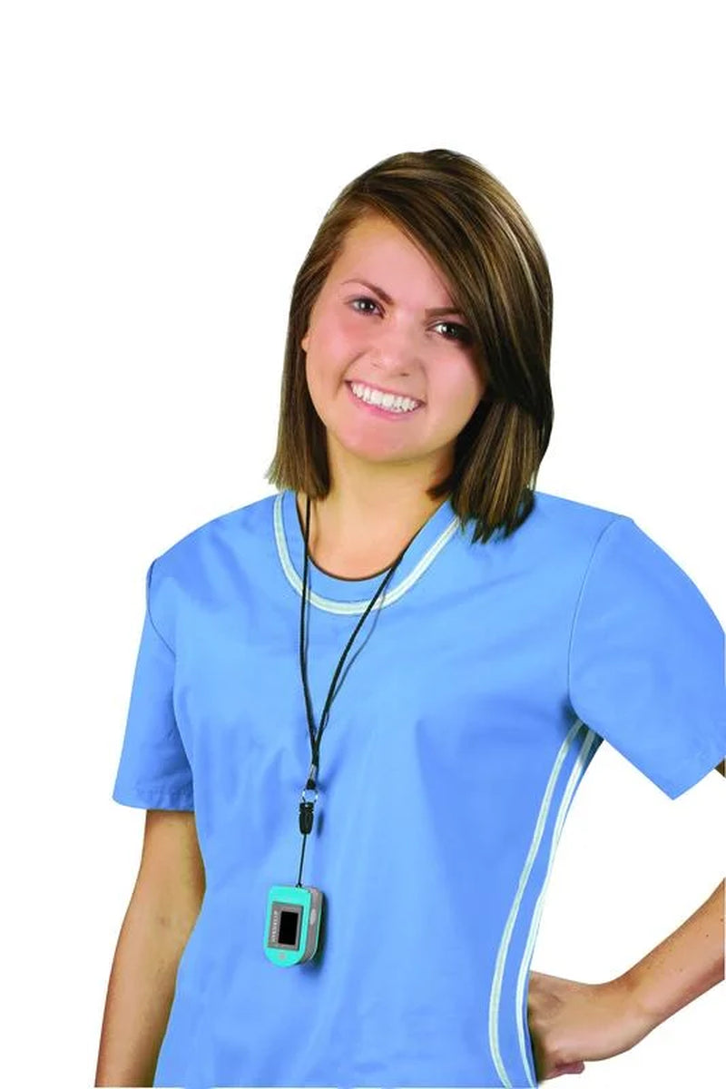 Woman wearing a blue shirt with a lanyard and a pulse oximeter on a white background

