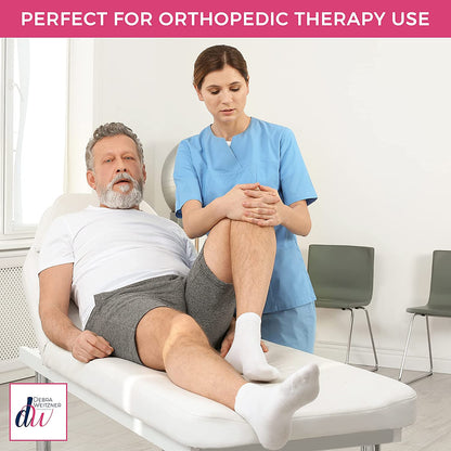 Physiotherapist examining a patient's leg in a clinical setting with text 'Perfect for Orthopedic Therapy Use'.