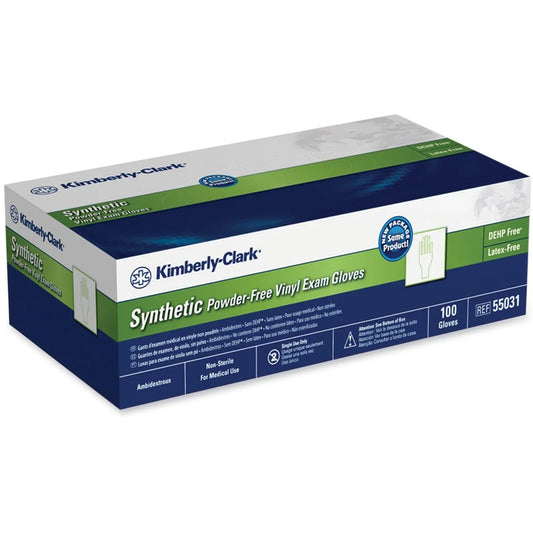Box of Kimberly-Clark synthetic powder-free vinyl exam gloves on a white background