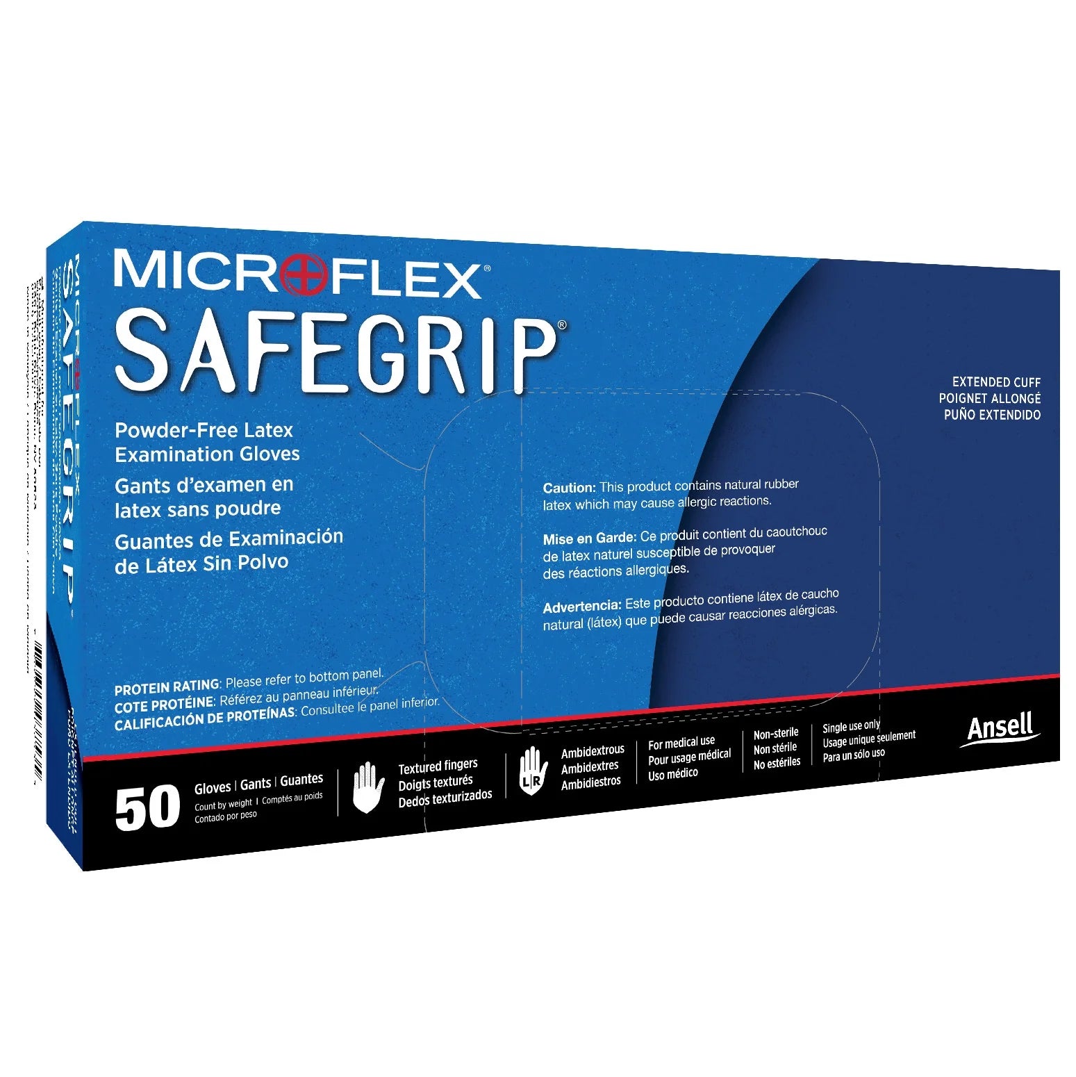 Box of Microflex Safegrip gloves on a white background