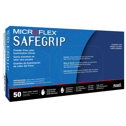 Box of Microflex Safegrip gloves on a white background