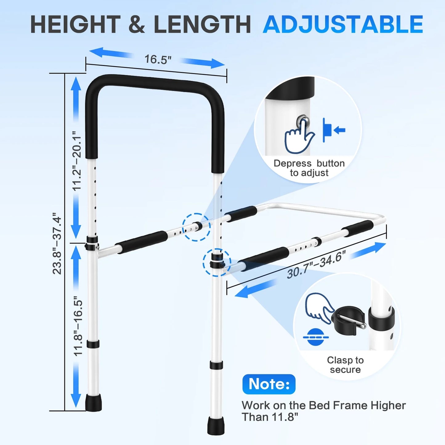 Adjustable walking cane with measurement details on a light blue background