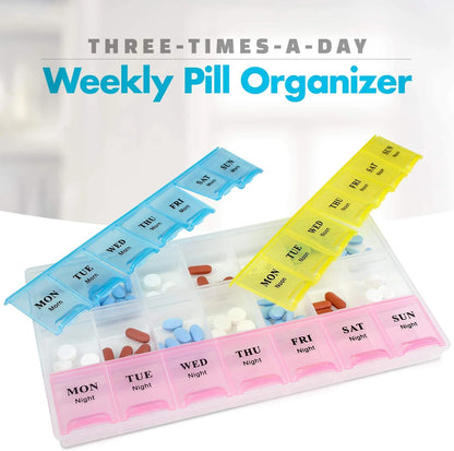 Weekly pill organizer with compartments for different days of the week, showing pills inside.

