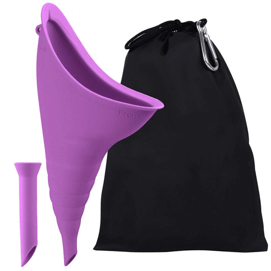 Purple silicone product with black drawstring bag on a white background

