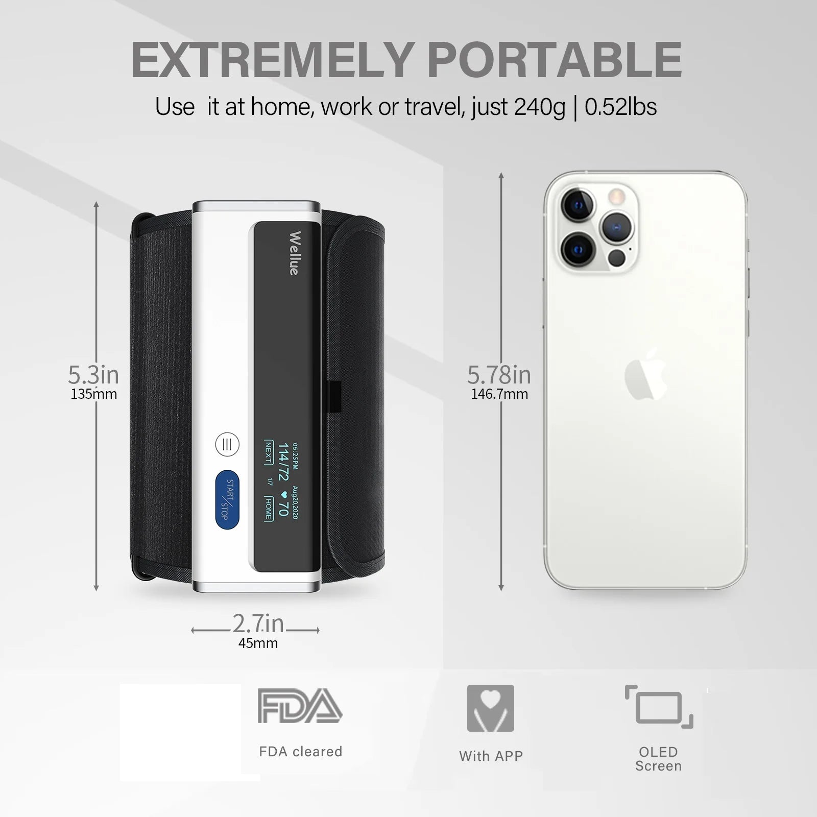 Portable electronic device with dimensions and features displayed on a gray background

