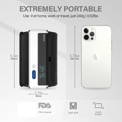 Portable electronic device with dimensions and features displayed on a gray background

