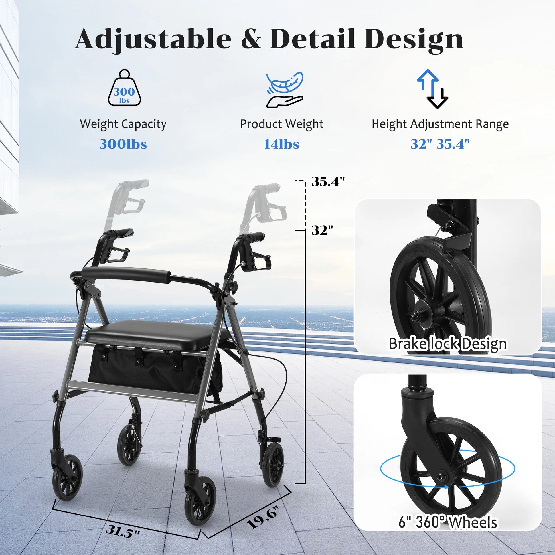 Rollator with adjustable features and specifications on a blue gradient background

