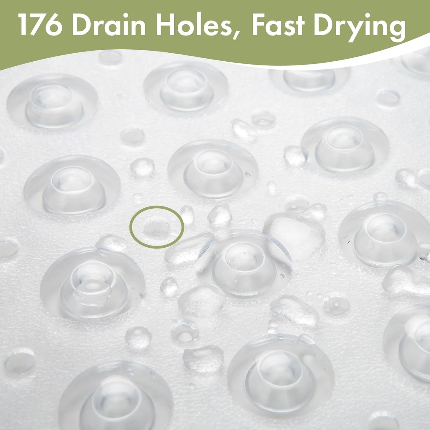 Close-up of a textured surface with drain holes and text '176 Drain Holes, Fast Drying' on a green background.

