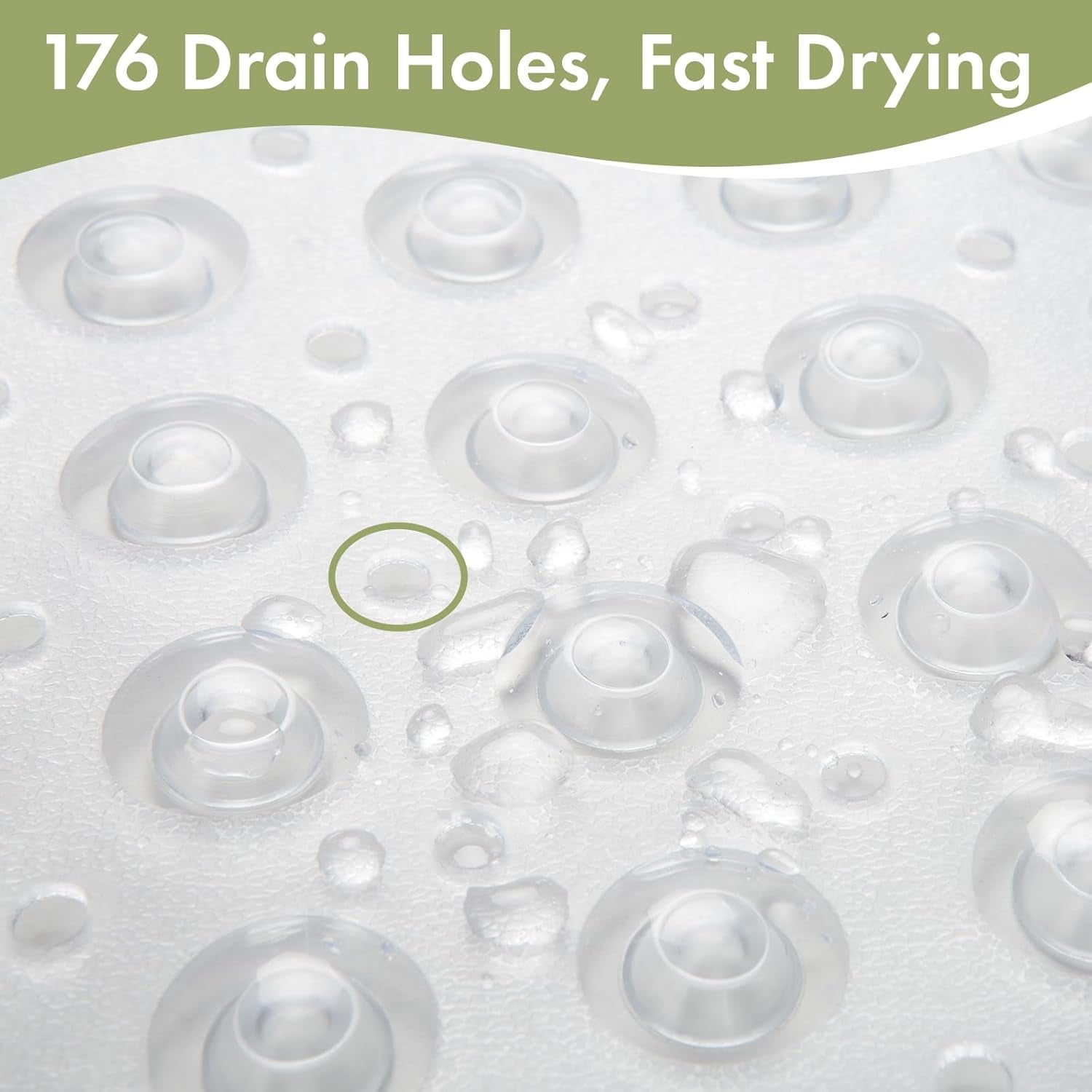 Close-up of a textured surface with drain holes and text '176 Drain Holes, Fast Drying' on a green background.

