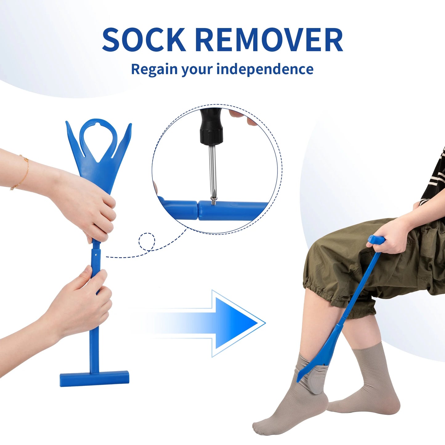 Sock remover tool with hands using it and a close-up of the mechanism, on a white background.