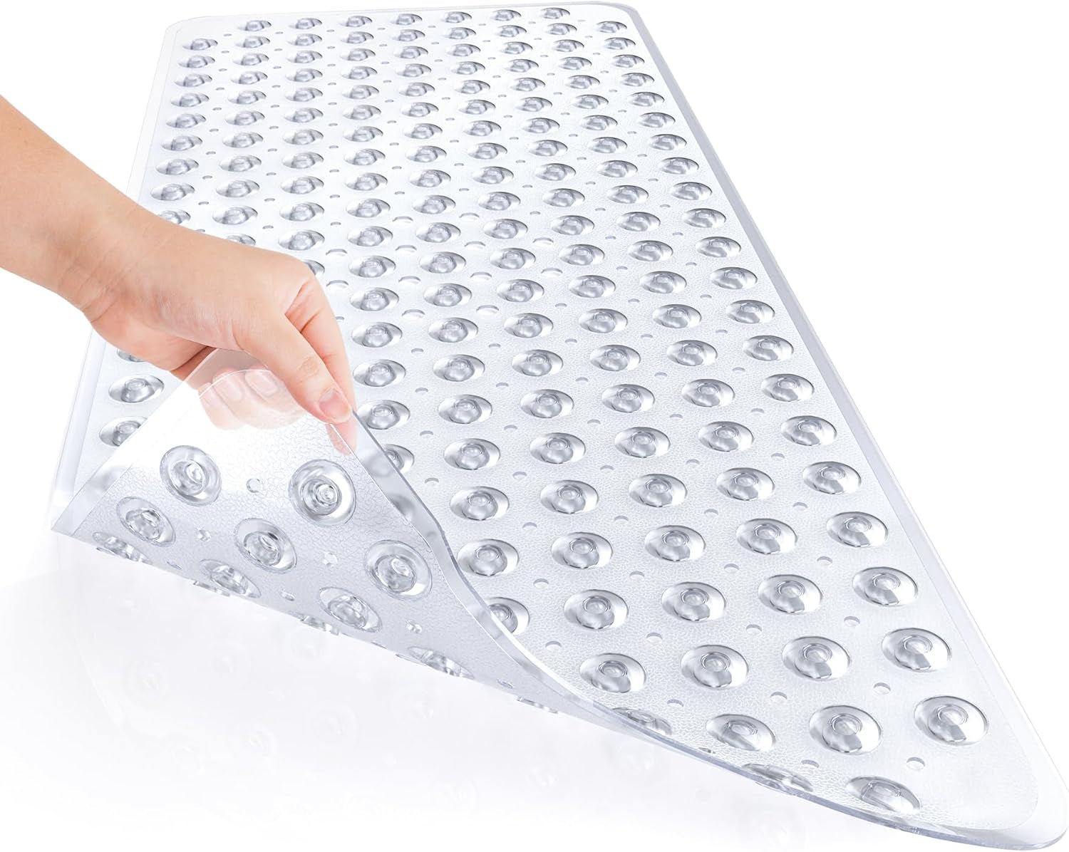 Transparent bath mat with textured surface on a white background

