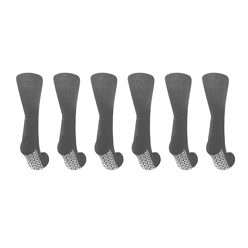 Set of six gray socks with patterned toes on a white background
