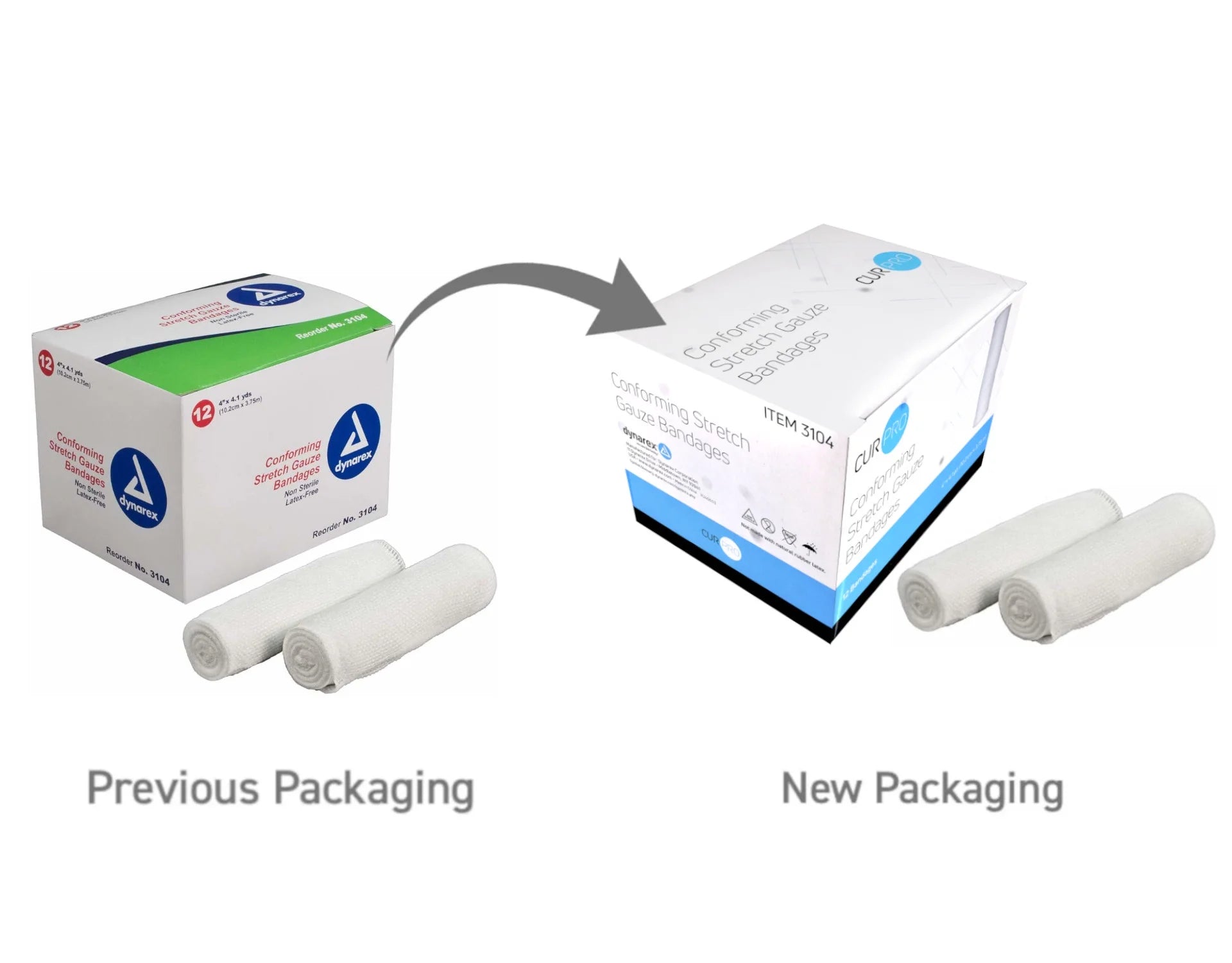 Comparison of previous and new packaging for a product, with an arrow pointing from old to new packaging.

