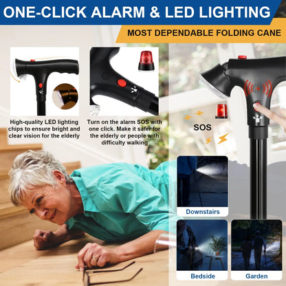 Walking Canes for Men and Women, Foldable, Adjustable, Aluminum Canes with LED Flashlight, Fall Alarm, Free Standing Cane, Pivot Tip, Heavy Duty Walking Sticks for Seniors & Adults