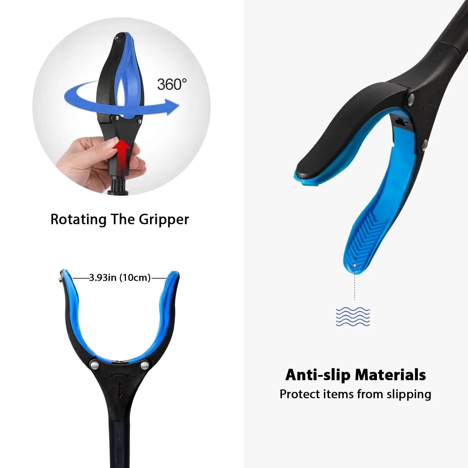 Gripper with rotating mechanism and anti-slip materials on a white background