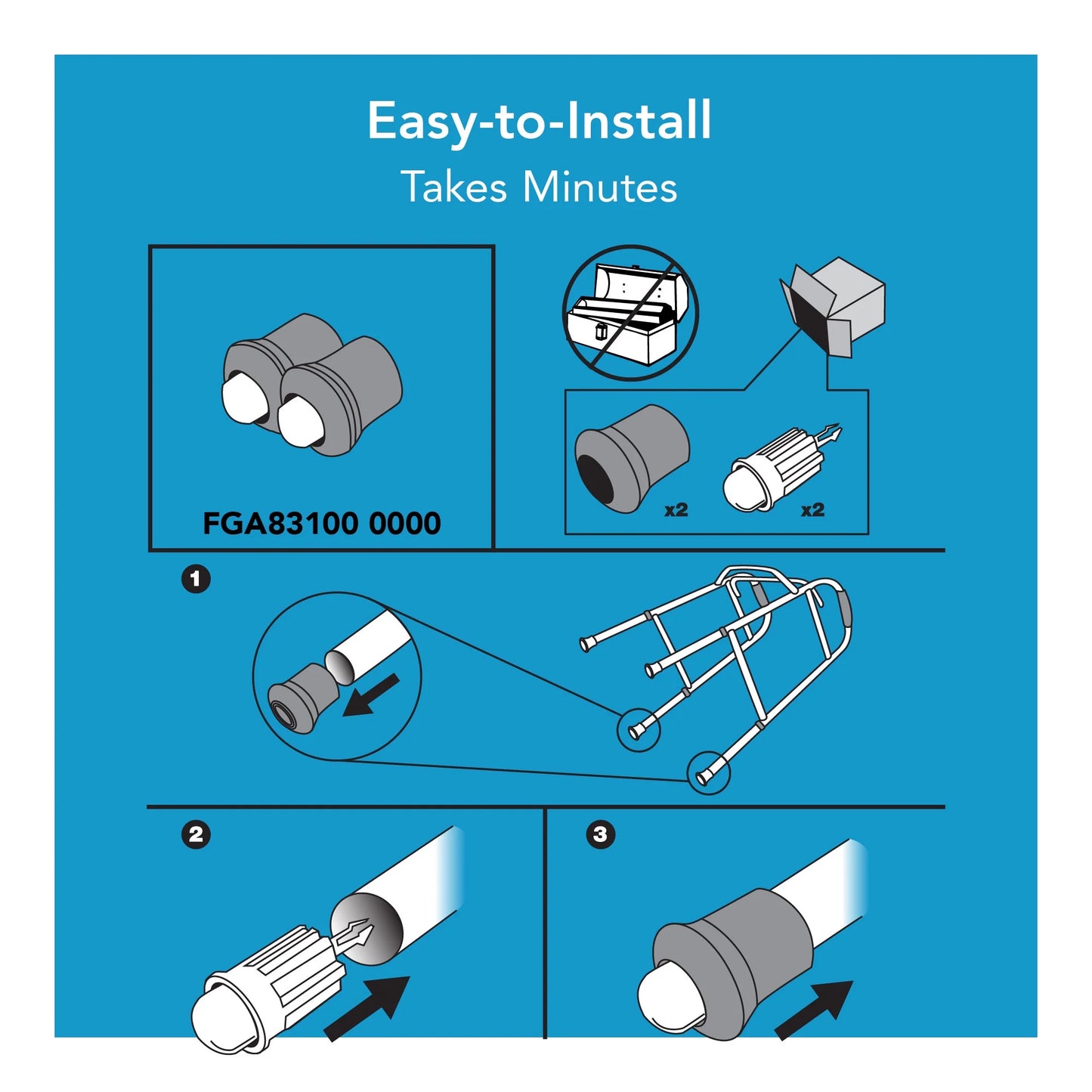 Step-by-step installation guide for a product on a blue background