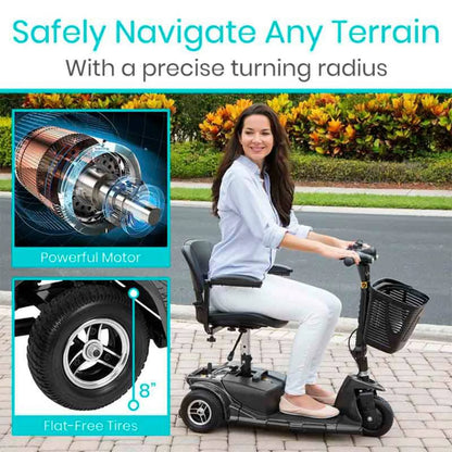 Woman using a mobility scooter with text highlighting features like powerful motor, precise turning radius, and flat-free tires.