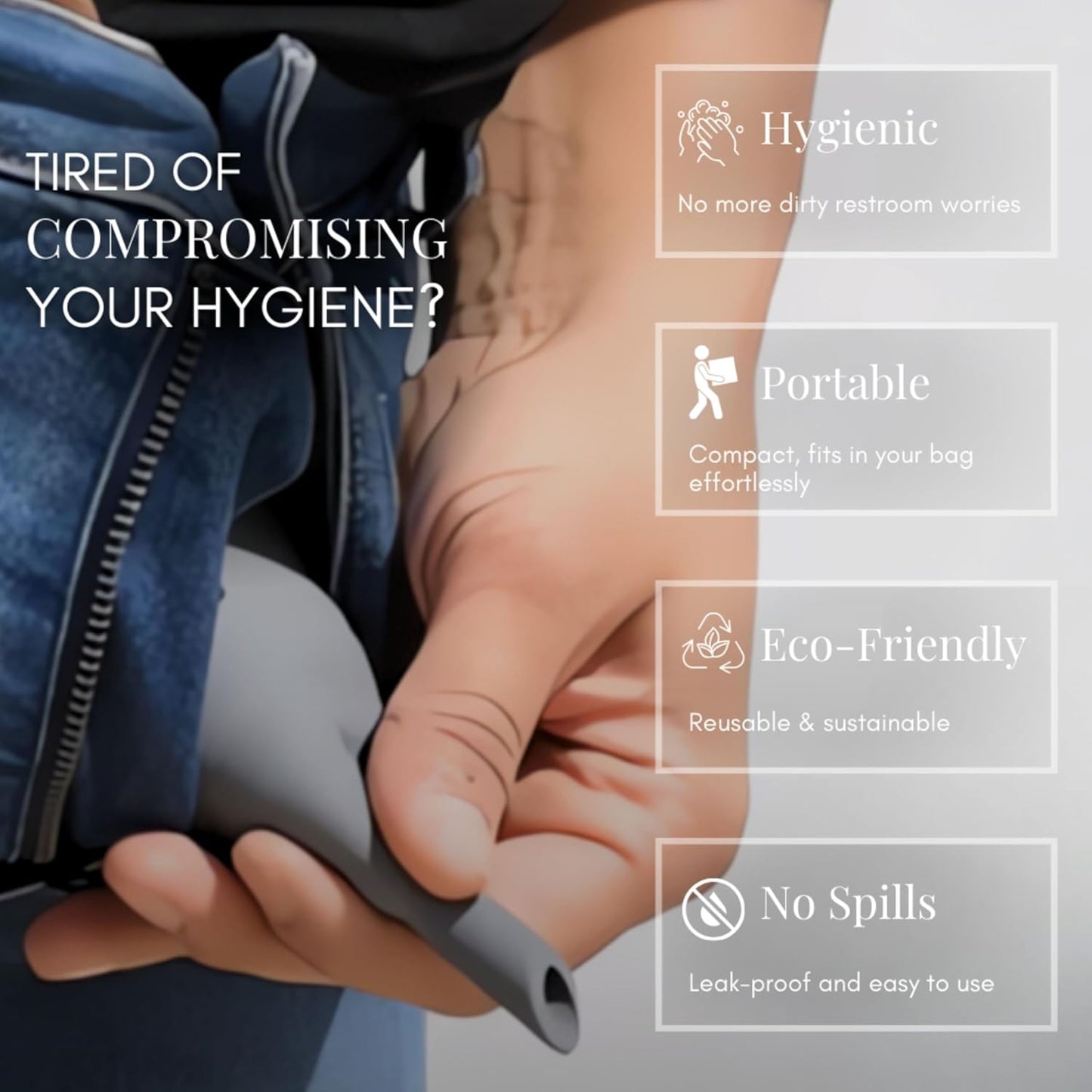 Hand holding a portable hygiene product with features listed on the right.


