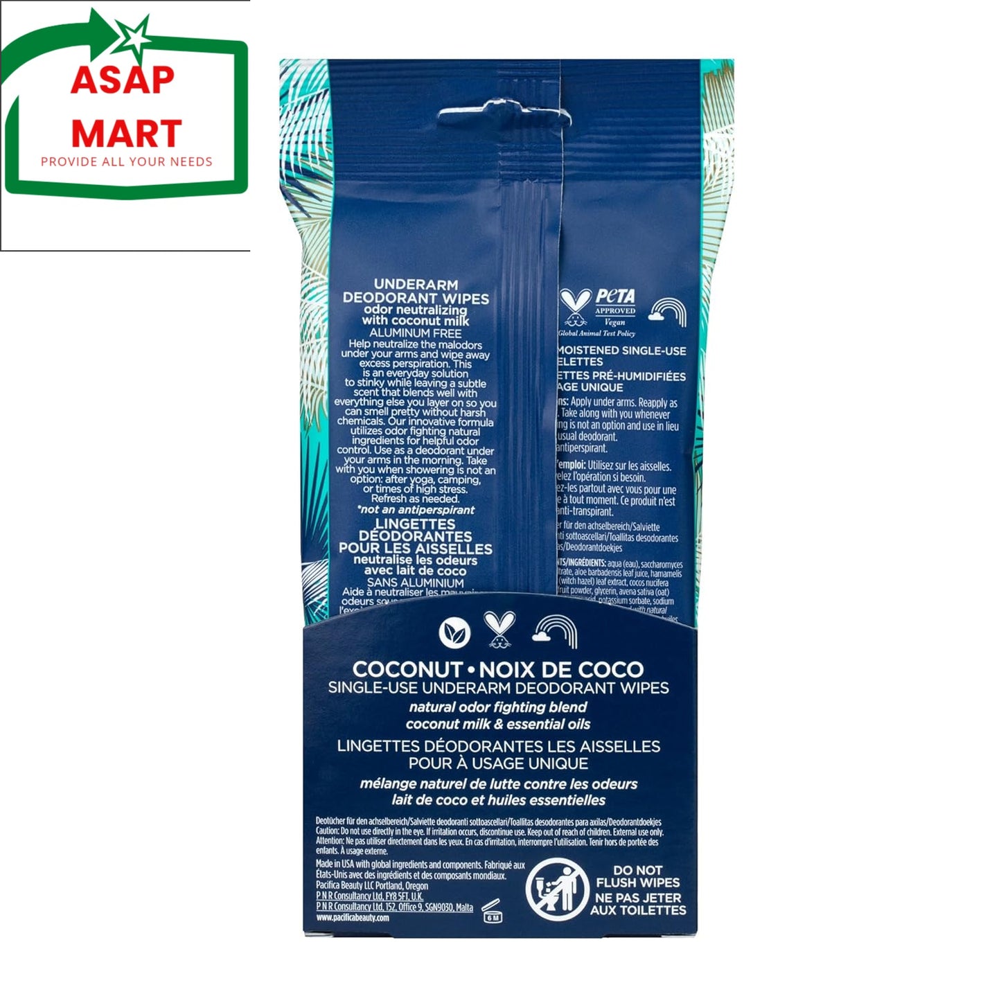 Coconut flavored deodorant wipes packaging with ASAP Mart logo on a white background