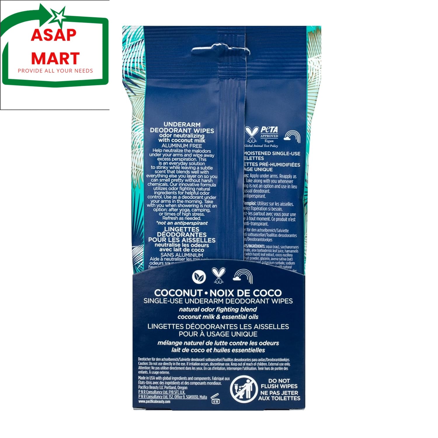 Coconut flavored deodorant wipes packaging with ASAP Mart logo on a white background