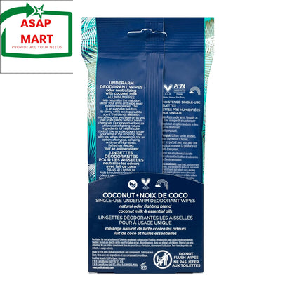 Coconut flavored deodorant wipes packaging with ASAP Mart logo on a white background