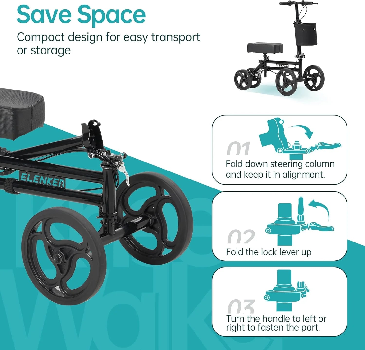 Compact knee walker with instructions on how to fold and store it, branded as ELENKER.

