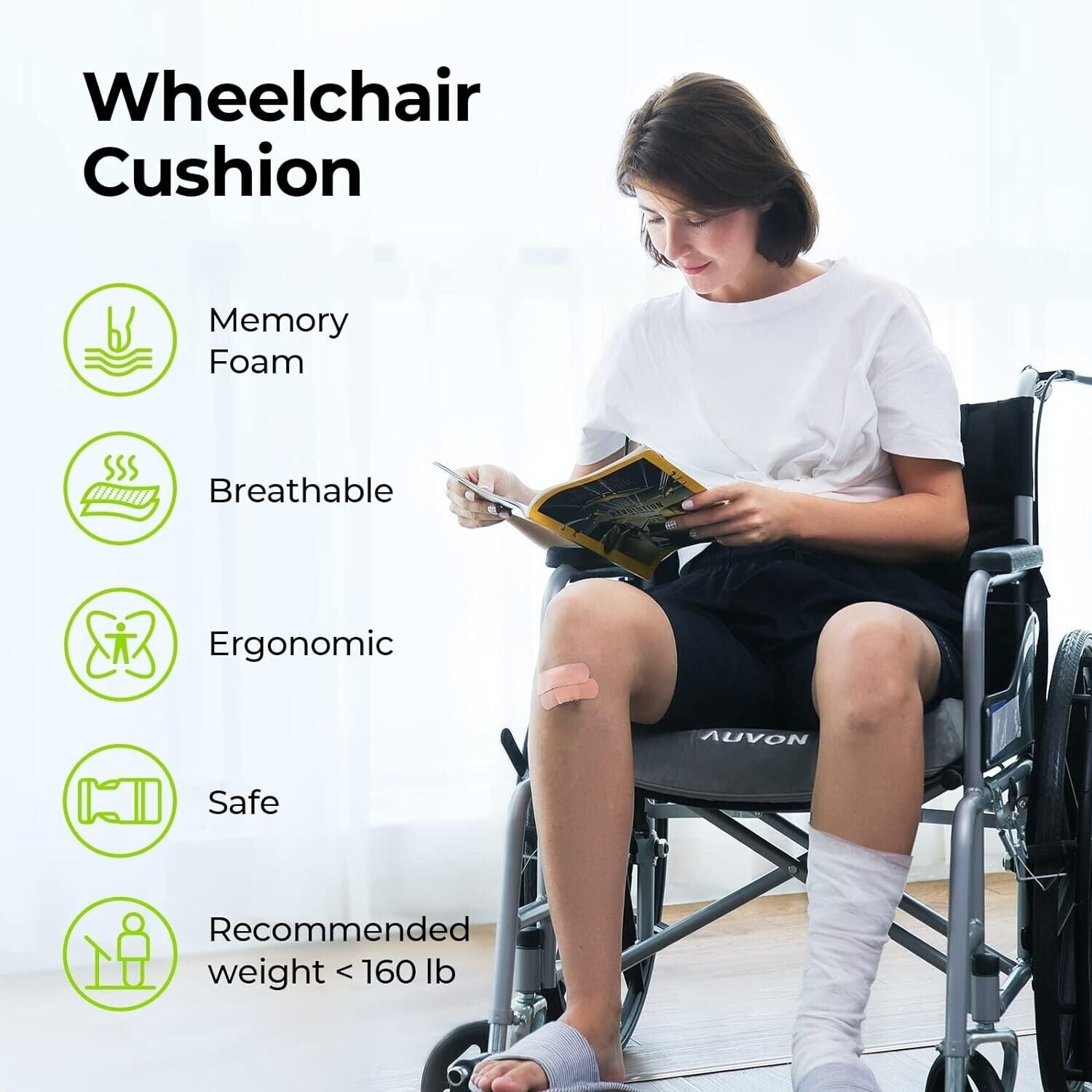 Person using a wheelchair with a cushion, surrounded by features listed on a white background

