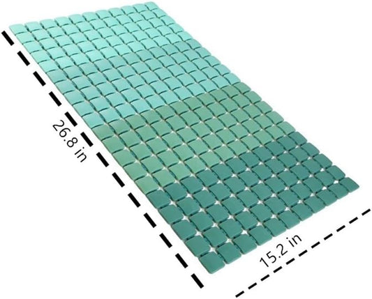 Teal woven mat with dimensions on a white background

