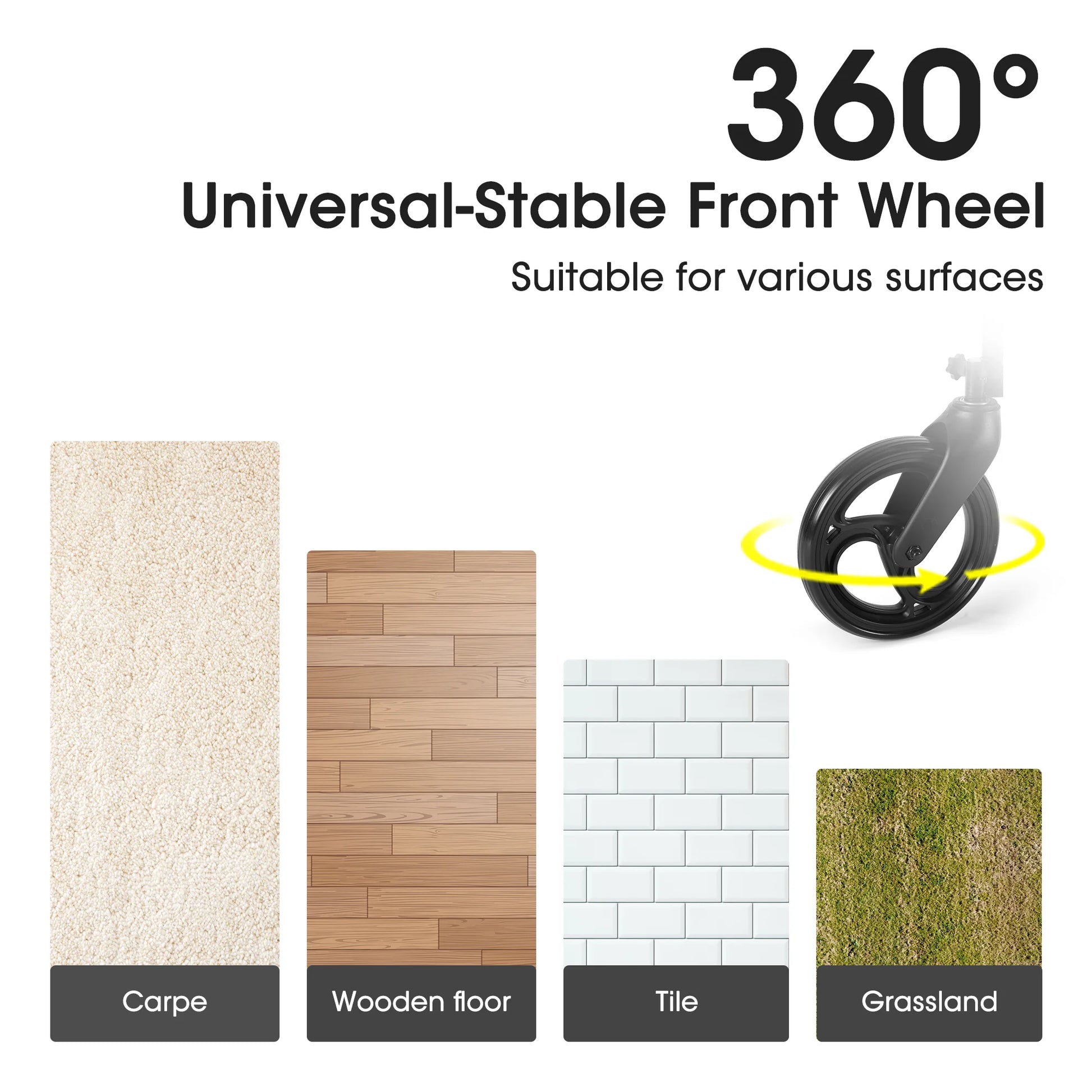 Universal-stable front wheel suitable for various surfaces including carpet, wooden floor, tile, and grassland.
