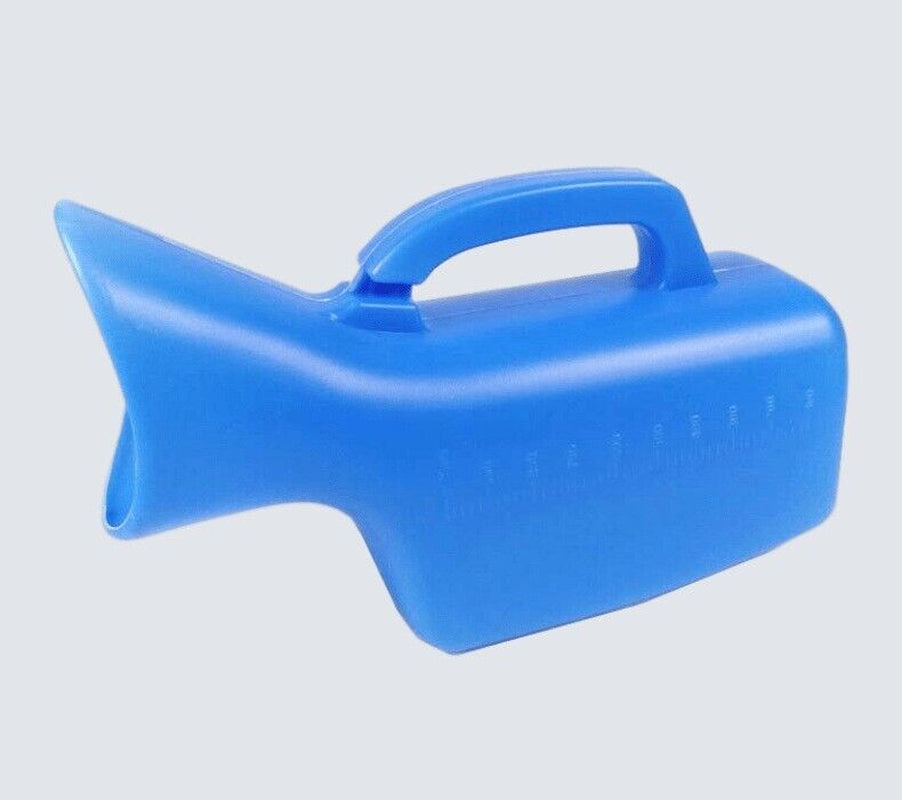 Blue plastic product with handle on a light gray background

