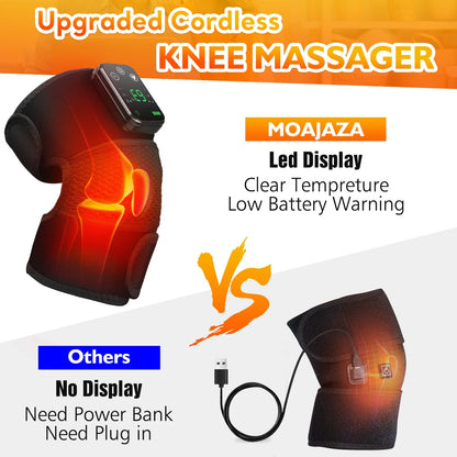 Upgraded cordless knee massager with LED display and power bank compatibility on a white background.


