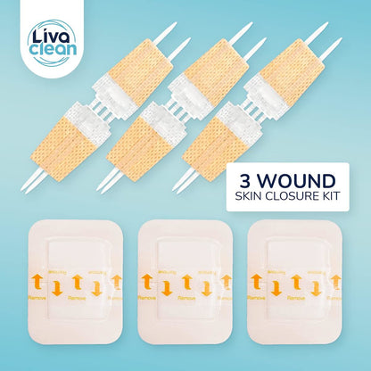 Liva Clean wound skin closure kit with three wound dressings on a blue background

