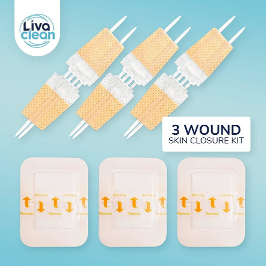 Liva Clean wound skin closure kit with three wound dressings on a blue background

