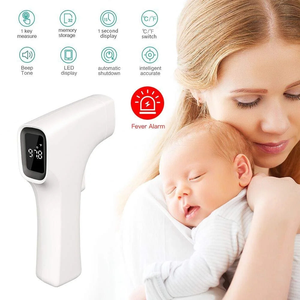 Woman holding a baby with a digital thermometer displaying features on a white background