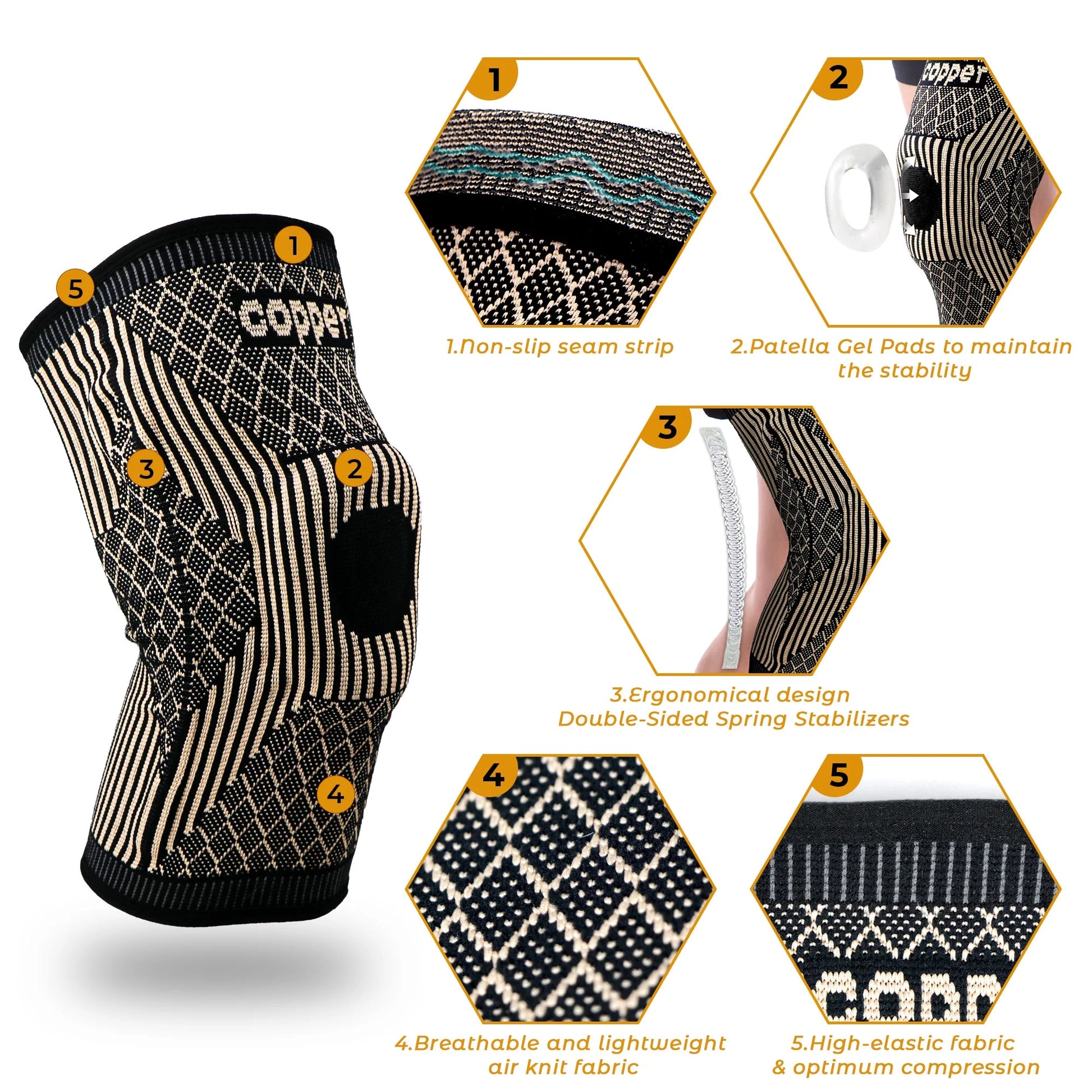Knee pad with features highlighted on a white background

