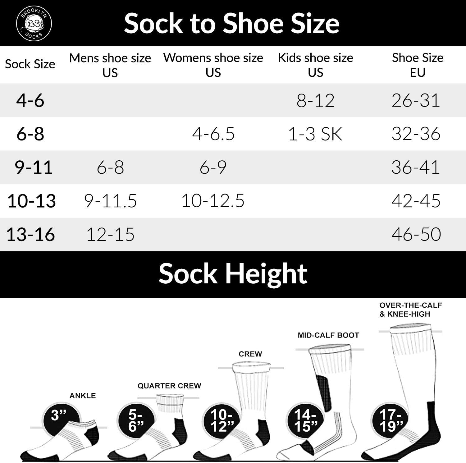 Chart showing sock size conversion to shoe sizes and sock height measurements.