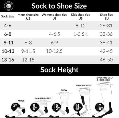 Chart showing sock size conversion to shoe sizes and sock height measurements.