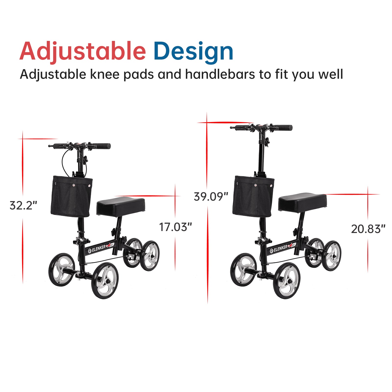 Adjustable knee scooter with dimensions on a white background

