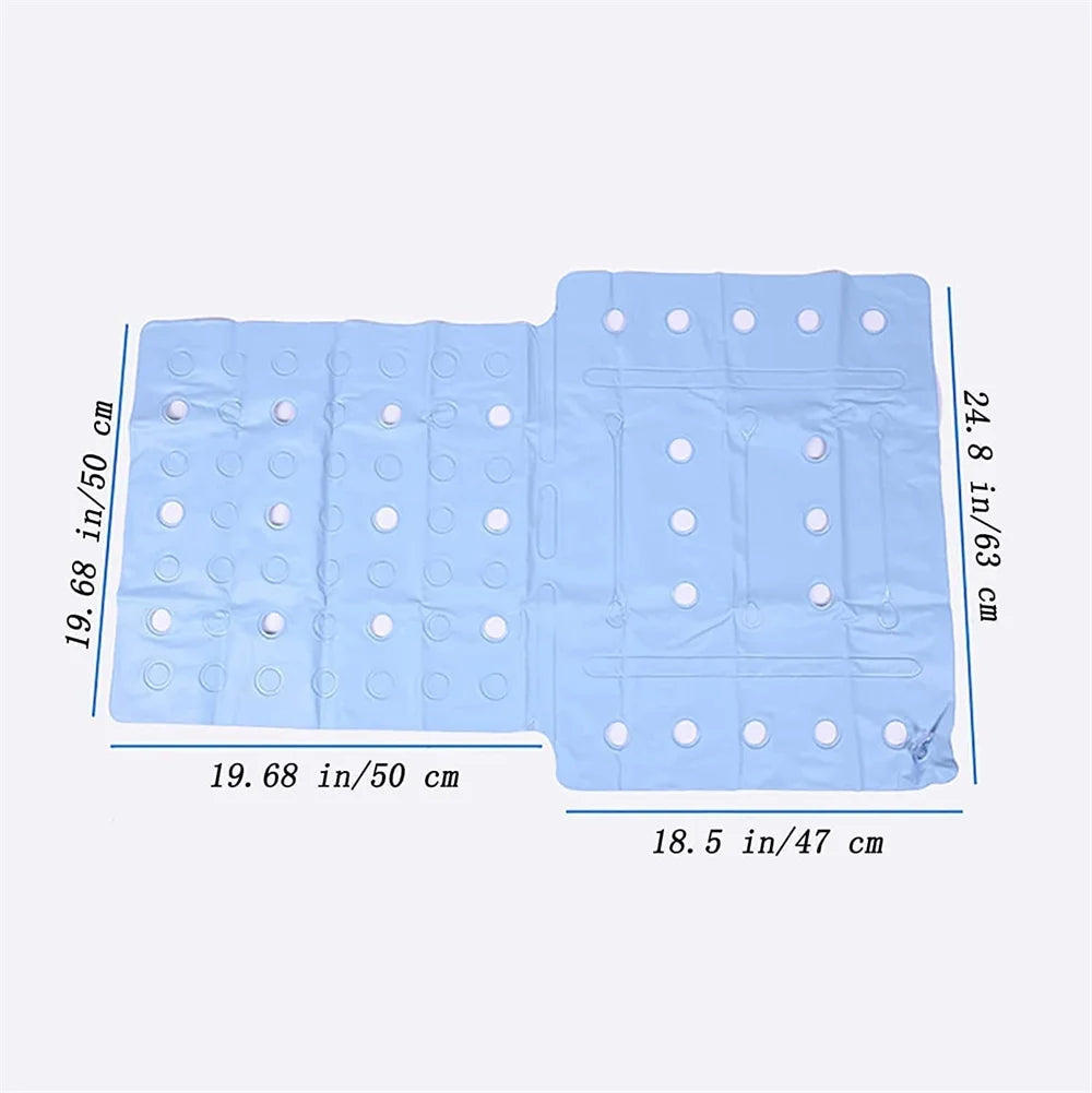 Blue inflatable seat pad with measurements on a white background

