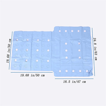 Blue inflatable seat pad with measurements on a white background

