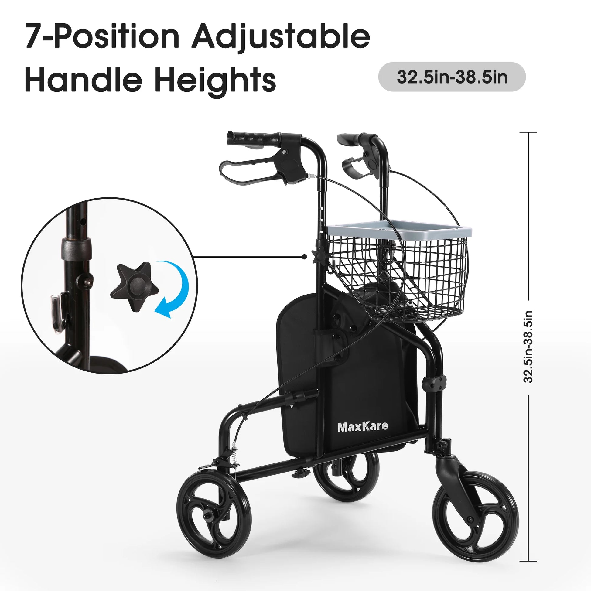 Black MaxKare rollator with adjustable handle heights and basket on a white background