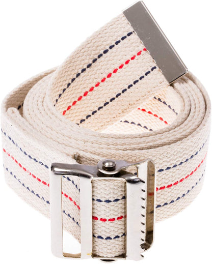 Woven belt with red and blue stripes and a metal buckle on a white background

