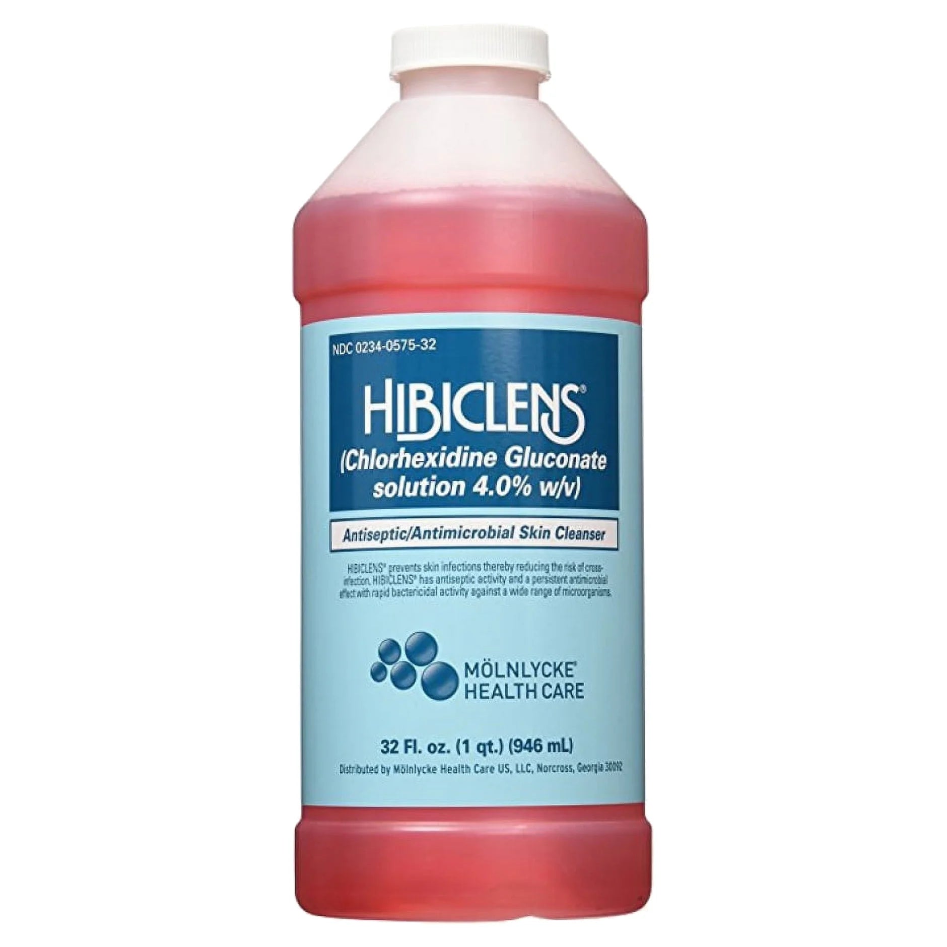 Bottle of Hibiclen's solution with blue label on a white background