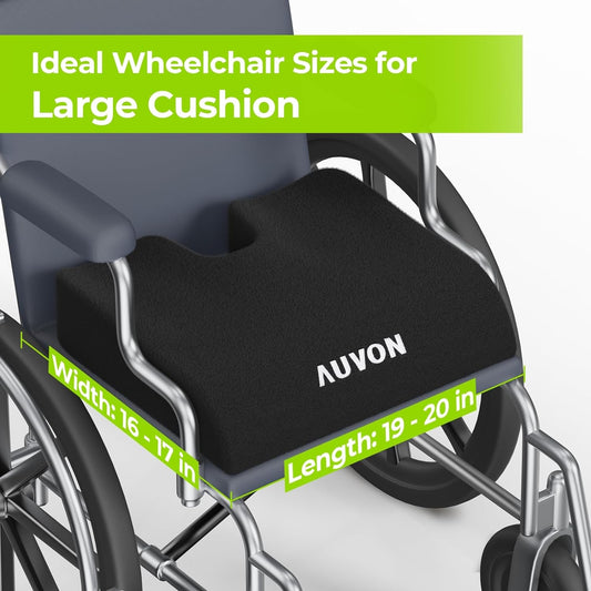 Wheelchair with AUVON cushion showing dimensions on a white background

