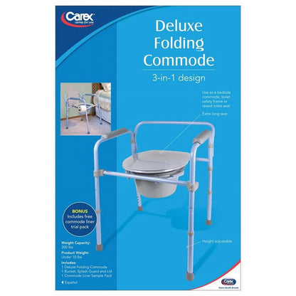 Carex 3-in-1 Bedside Commode packaging with product features and usage options for home health care.