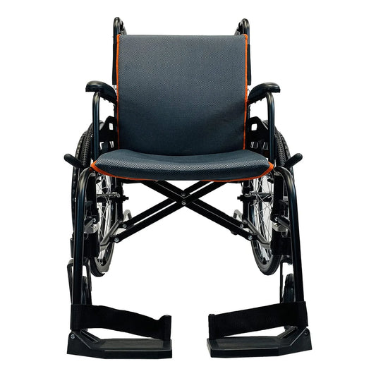 Wheelchair with gray seat and orange accents on a white background