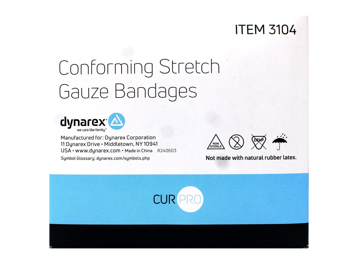 Box of dynarex conforming stretch gauze bandages on a white background

